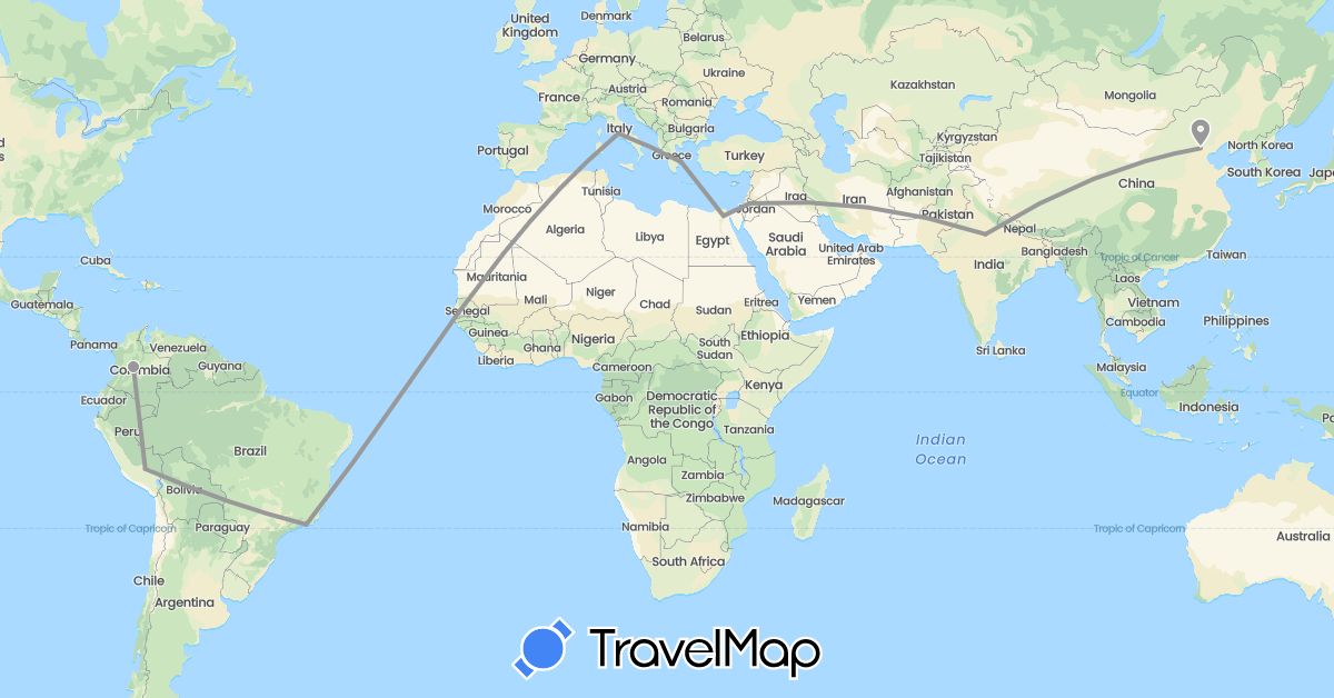 TravelMap itinerary: driving, plane in Brazil, China, Colombia, Egypt, Greece, India, Italy, Jordan, Peru (Africa, Asia, Europe, South America)